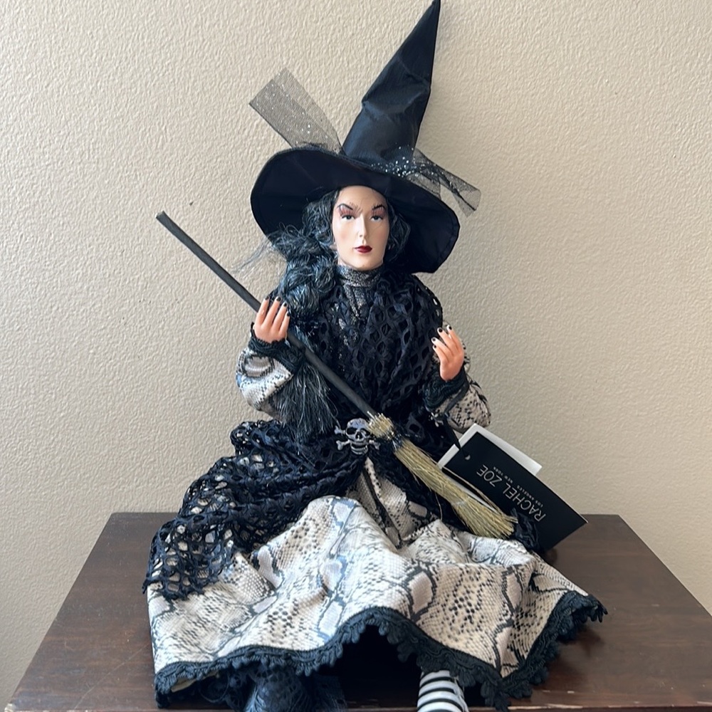 Halloween Witch Doll w/Skull Black Lace Faux Snake Skin Dress 25" Shelf Sitter - Picture 2 of 6